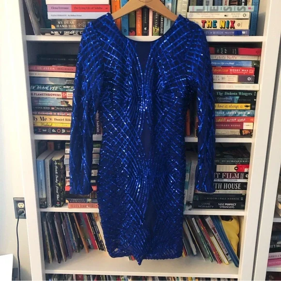 Windsor Blue sequin mini dress long sleeve Medium deep v back - Picture 6 of 7